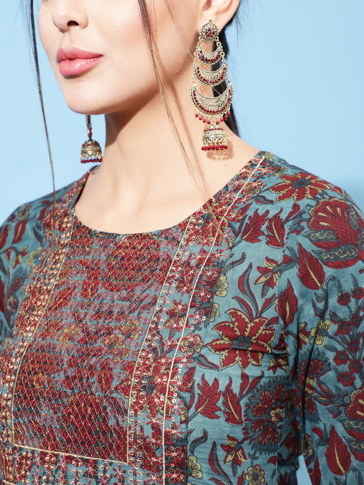 Cotton Printed Calf Length Flared 3/4 Sleeve Round Kurta Bottom Dupatta Set