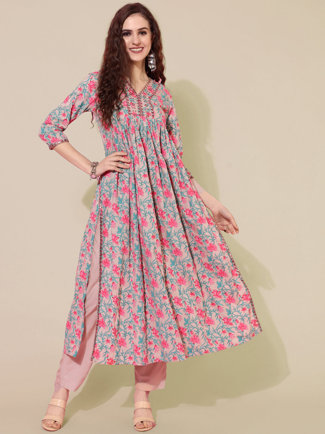 Rayon Printed Calf Length Semi-Flared 3/4 Sleeve V-neck Kurta Bottom Set