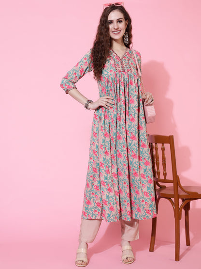 Rayon Printed Calf Length Semi-Flared 3/4 Sleeve V-neck Kurta Bottom Set