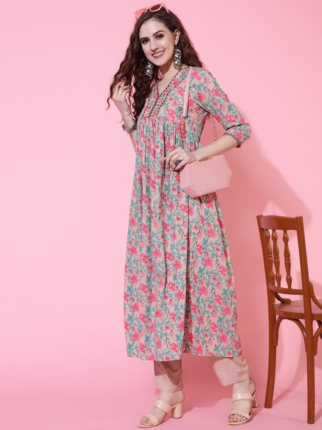 Rayon Printed Calf Length Semi-Flared 3/4 Sleeve V-neck Kurta Bottom Set