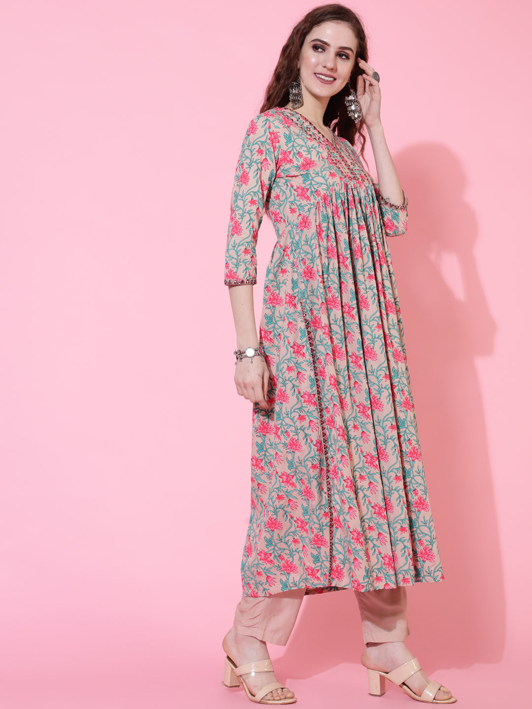 Rayon Printed Calf Length Semi-Flared 3/4 Sleeve V-neck Kurta Bottom Set