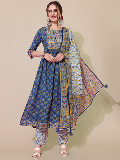 Cotton Printed Calf Length Semi-Flared 3/4 Sleeve Round Kurta Bottom Dupatta Set