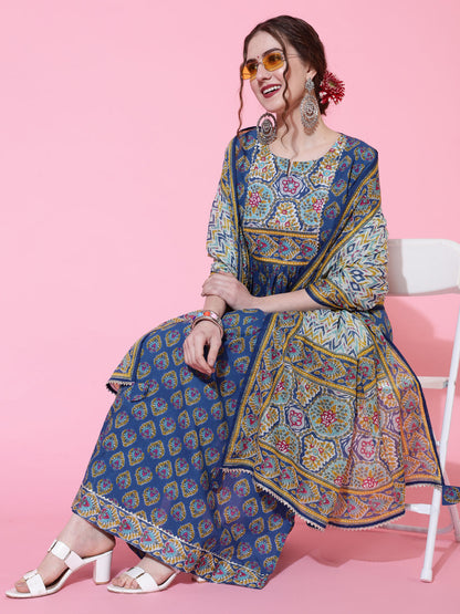 Cotton Printed Calf Length Semi-Flared 3/4 Sleeve Round Kurta Bottom Dupatta Set