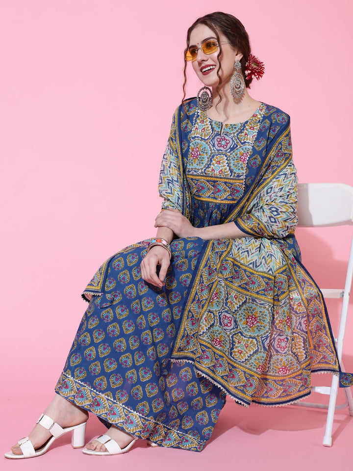 Cotton Printed Calf Length Semi-Flared 3/4 Sleeve Round Kurta Bottom Dupatta Set
