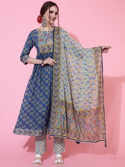 Cotton Printed Calf Length Semi-Flared 3/4 Sleeve Round Kurta Bottom Dupatta Set