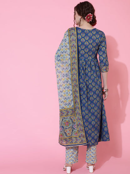 Cotton Printed Calf Length Semi-Flared 3/4 Sleeve Round Kurta Bottom Dupatta Set