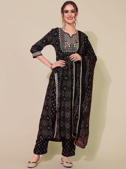 Rayon Printed Calf Length Semi-Flared 3/4 Sleeve Round Kurta Bottom Dupatta Set