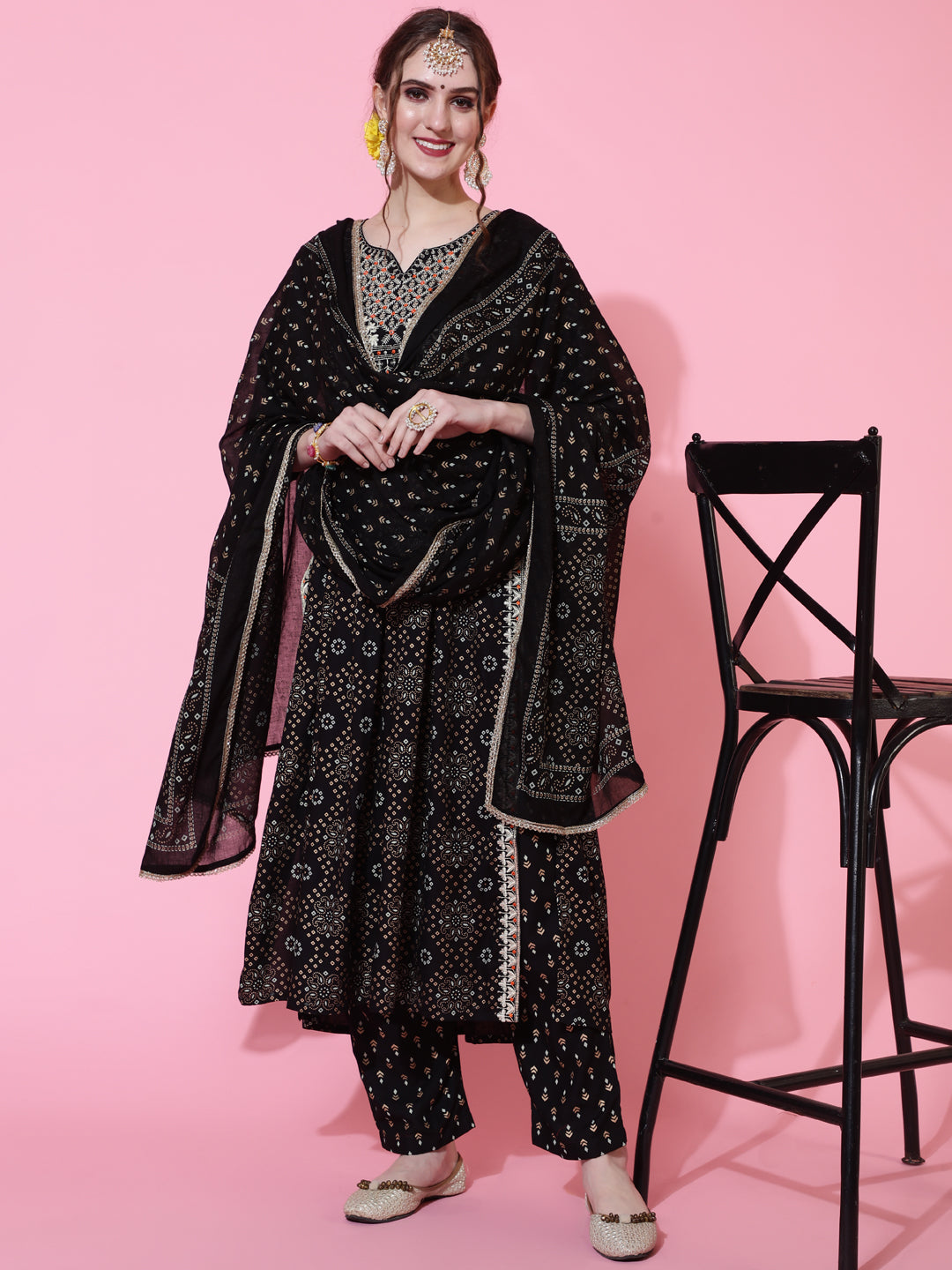 Rayon Printed Calf Length Semi-Flared 3/4 Sleeve Round Kurta Bottom Dupatta Set