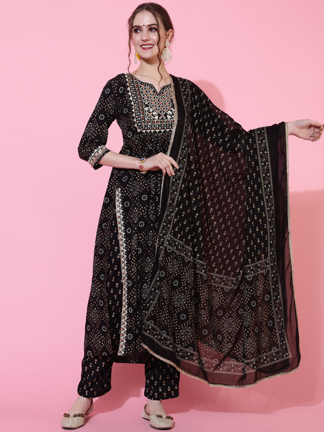 Rayon Printed Calf Length Semi-Flared 3/4 Sleeve Round Kurta Bottom Dupatta Set