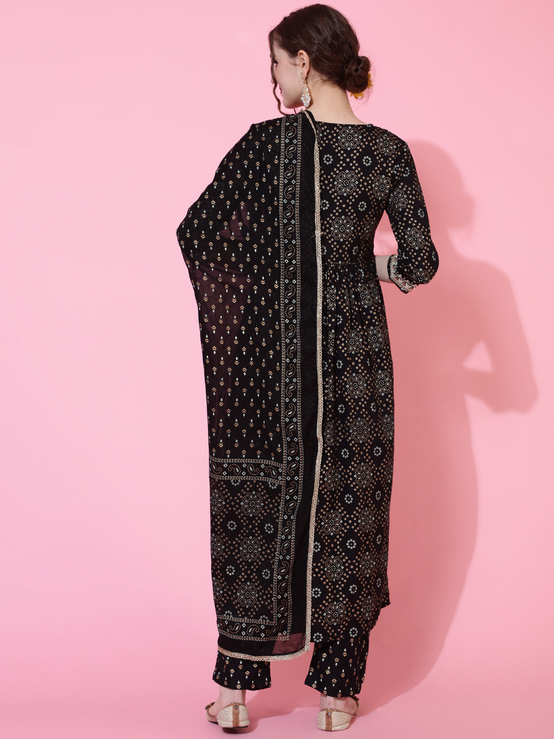 Rayon Printed Calf Length Semi-Flared 3/4 Sleeve Round Kurta Bottom Dupatta Set
