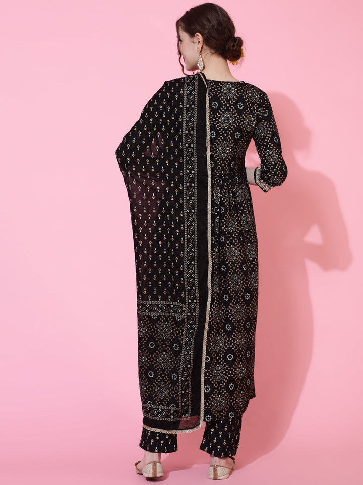 Rayon Printed Calf Length Semi-Flared 3/4 Sleeve Round Kurta Bottom Dupatta Set