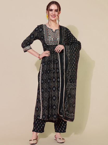 Rayon Printed Calf Length Semi-Flared 3/4 Sleeve Round Kurta Bottom Dupatta Set
