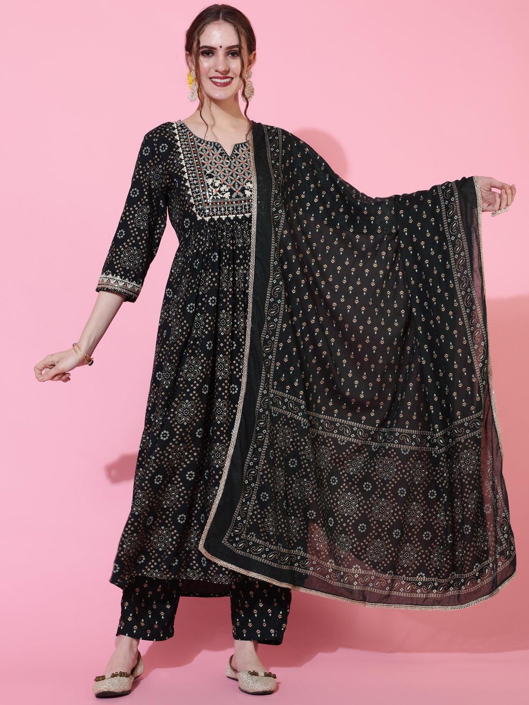 Rayon Printed Calf Length Semi-Flared 3/4 Sleeve Round Kurta Bottom Dupatta Set