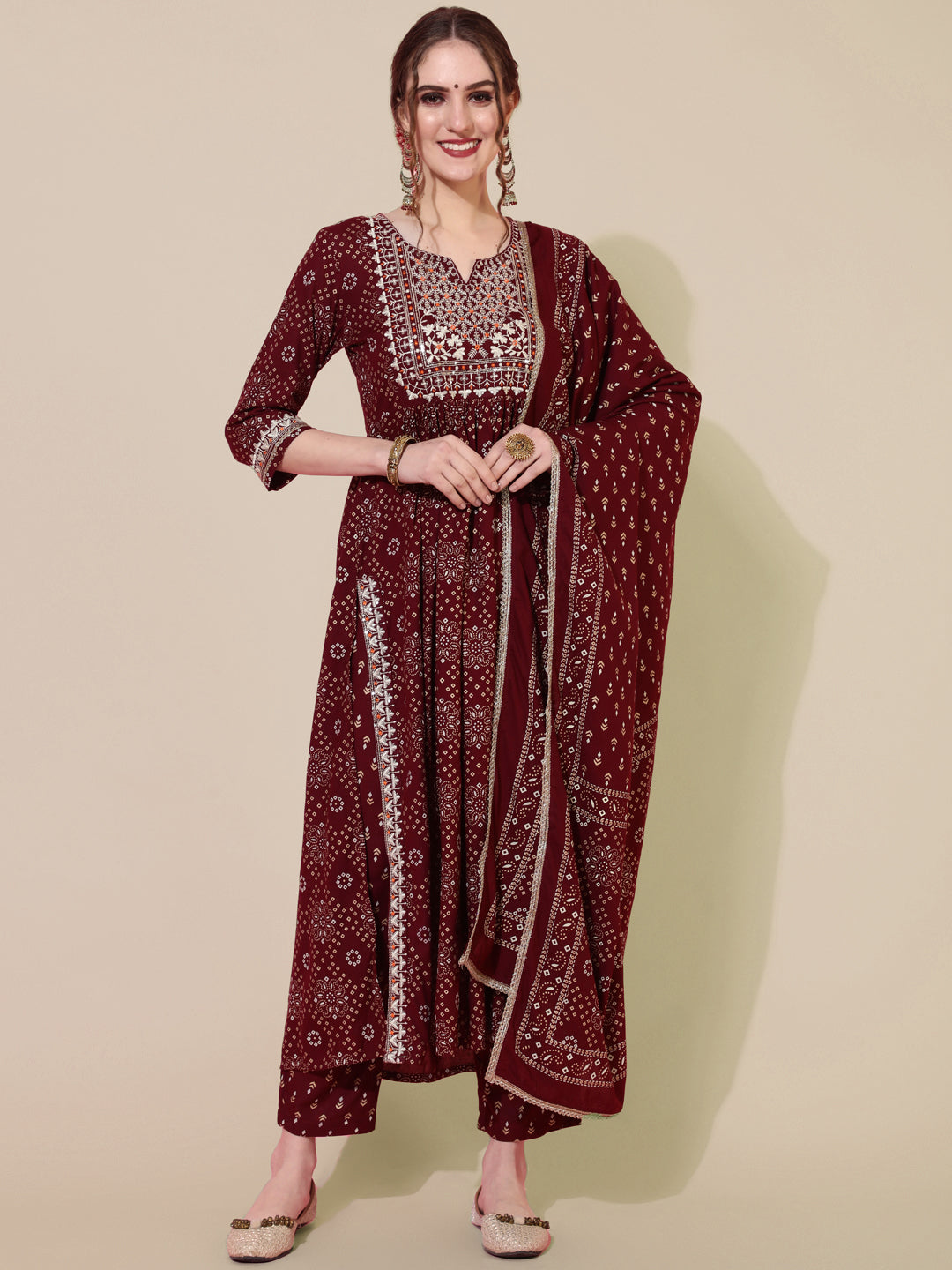 Rayon Printed Calf Length Semi-Flared 3/4 Sleeve Round Kurta Bottom Dupatta Set