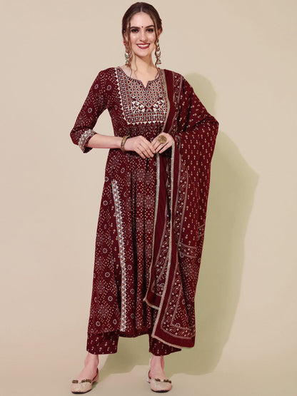 Rayon Printed Calf Length Semi-Flared 3/4 Sleeve Round Kurta Bottom Dupatta Set