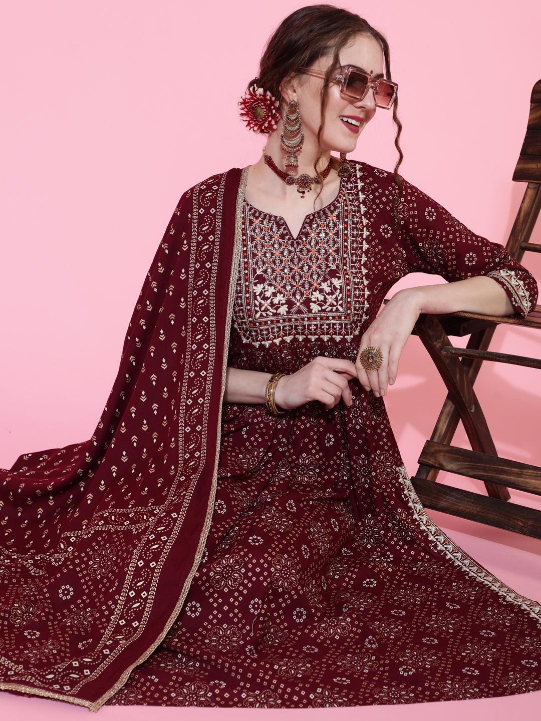 Rayon Printed Calf Length Semi-Flared 3/4 Sleeve Round Kurta Bottom Dupatta Set