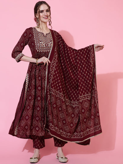 Rayon Printed Calf Length Semi-Flared 3/4 Sleeve Round Kurta Bottom Dupatta Set