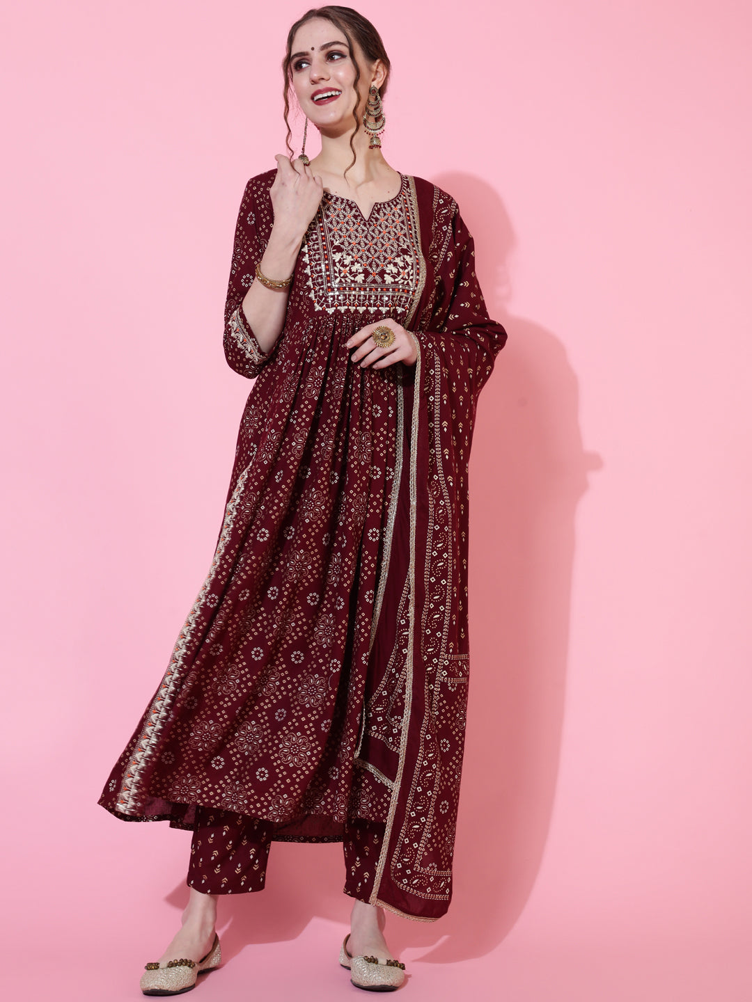 Rayon Printed Calf Length Semi-Flared 3/4 Sleeve Round Kurta Bottom Dupatta Set