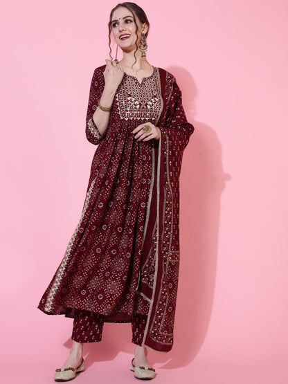 Rayon Printed Calf Length Semi-Flared 3/4 Sleeve Round Kurta Bottom Dupatta Set