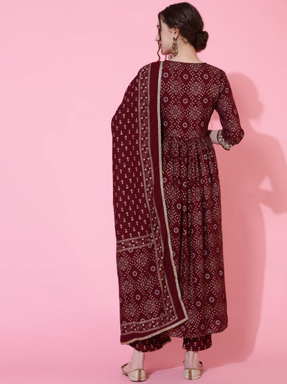 Rayon Printed Calf Length Semi-Flared 3/4 Sleeve Round Kurta Bottom Dupatta Set