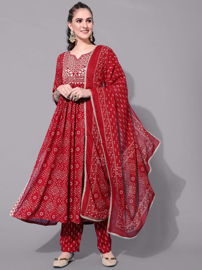 Rayon Printed Calf Length Semi-Flared 3/4 Sleeve Round Kurta Bottom Dupatta Set