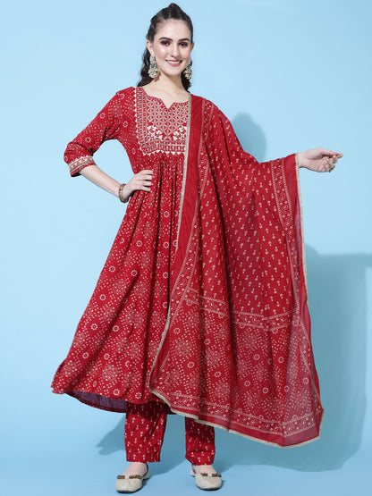 Rayon Printed Calf Length Semi-Flared 3/4 Sleeve Round Kurta Bottom Dupatta Set