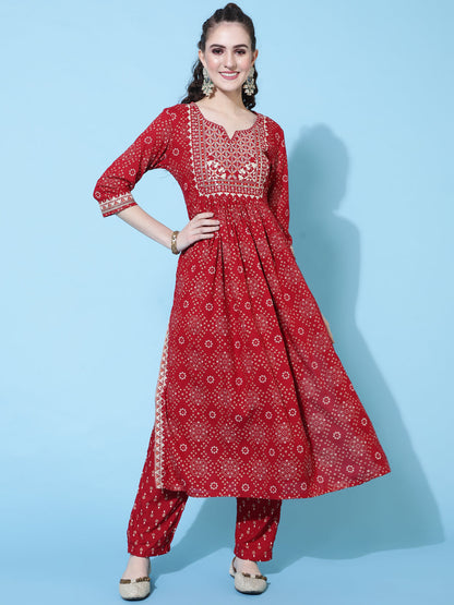 Rayon Printed Calf Length Semi-Flared 3/4 Sleeve Round Kurta Bottom Dupatta Set