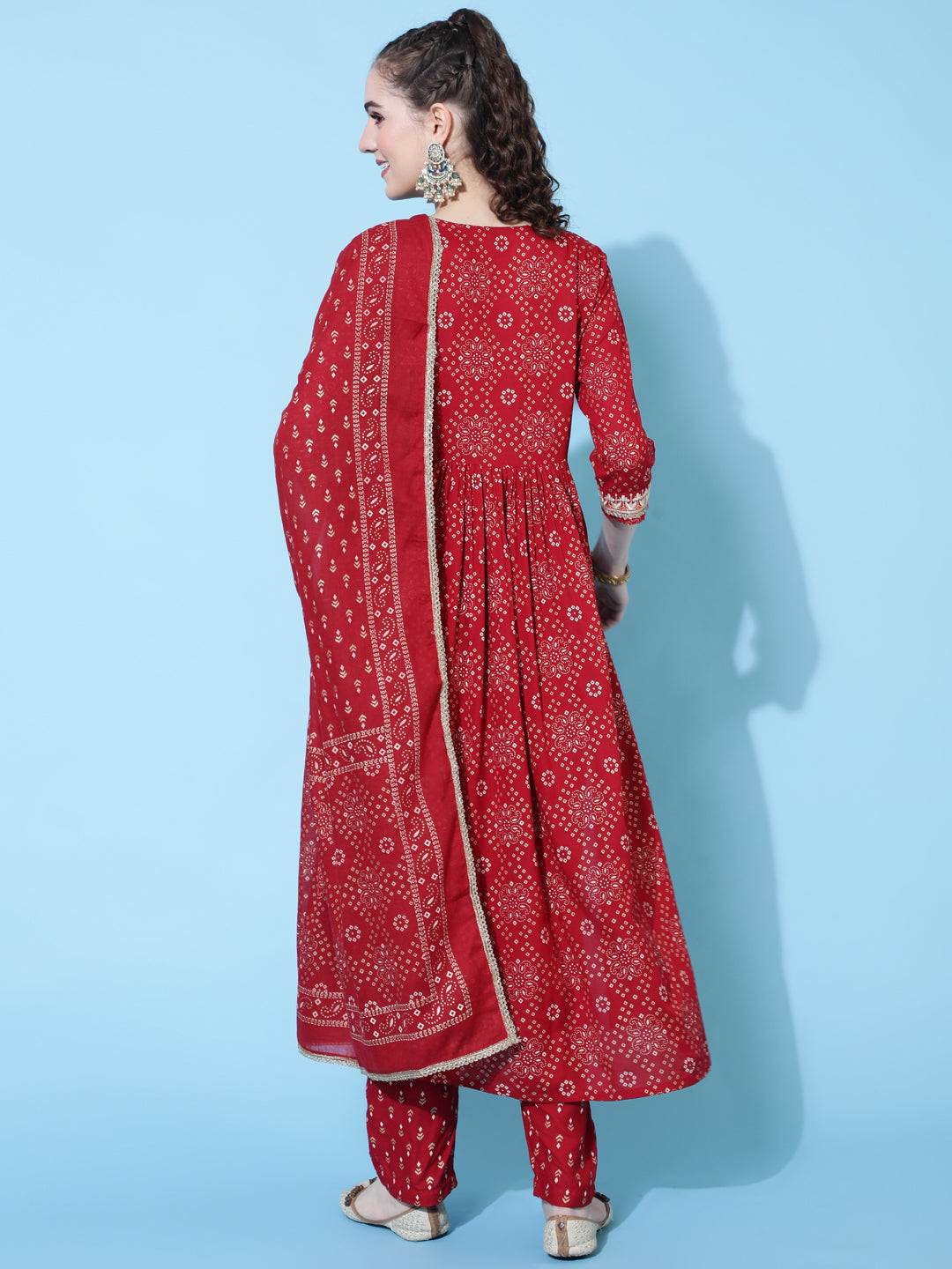 Rayon Printed Calf Length Semi-Flared 3/4 Sleeve Round Kurta Bottom Dupatta Set