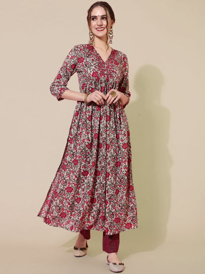 Rayon Printed Calf Length Semi-Flared 3/4 Sleeve V-neck Kurta Bottom Set