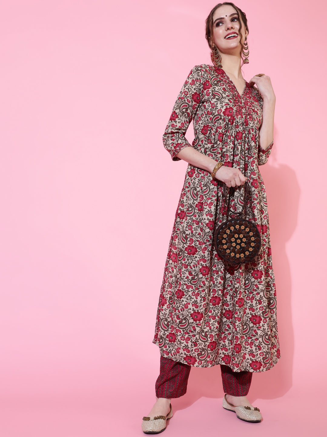 Rayon Printed Calf Length Semi-Flared 3/4 Sleeve V-neck Kurta Bottom Set