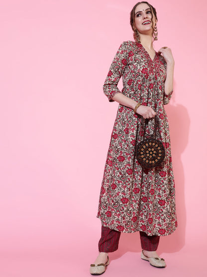 Rayon Printed Calf Length Semi-Flared 3/4 Sleeve V-neck Kurta Bottom Set