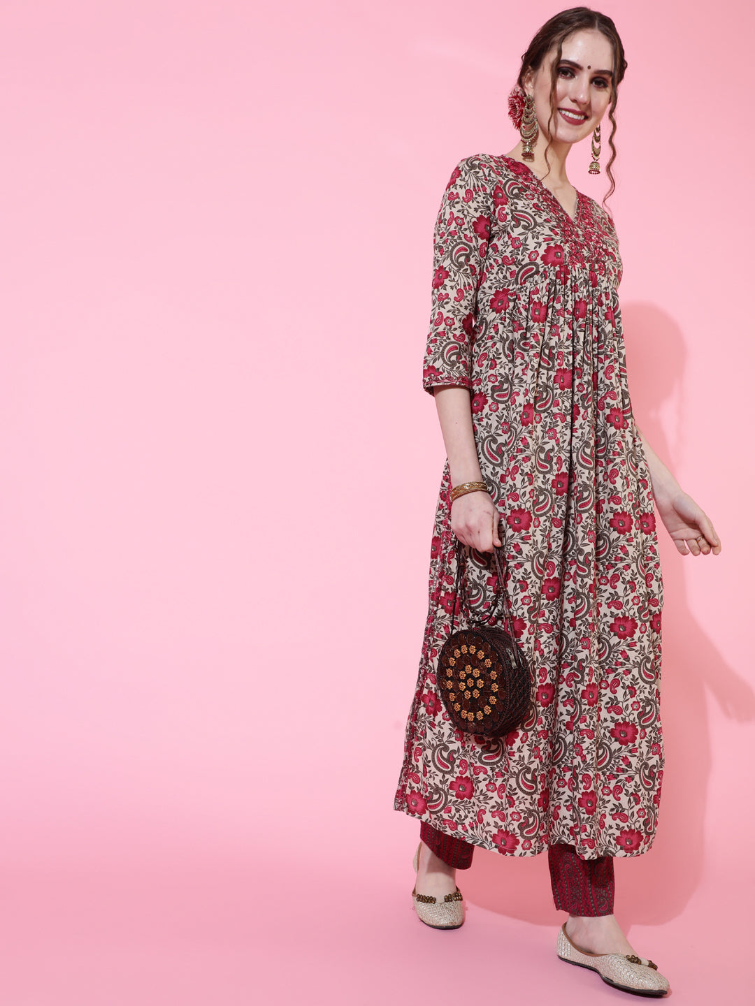 Rayon Printed Calf Length Semi-Flared 3/4 Sleeve V-neck Kurta Bottom Set