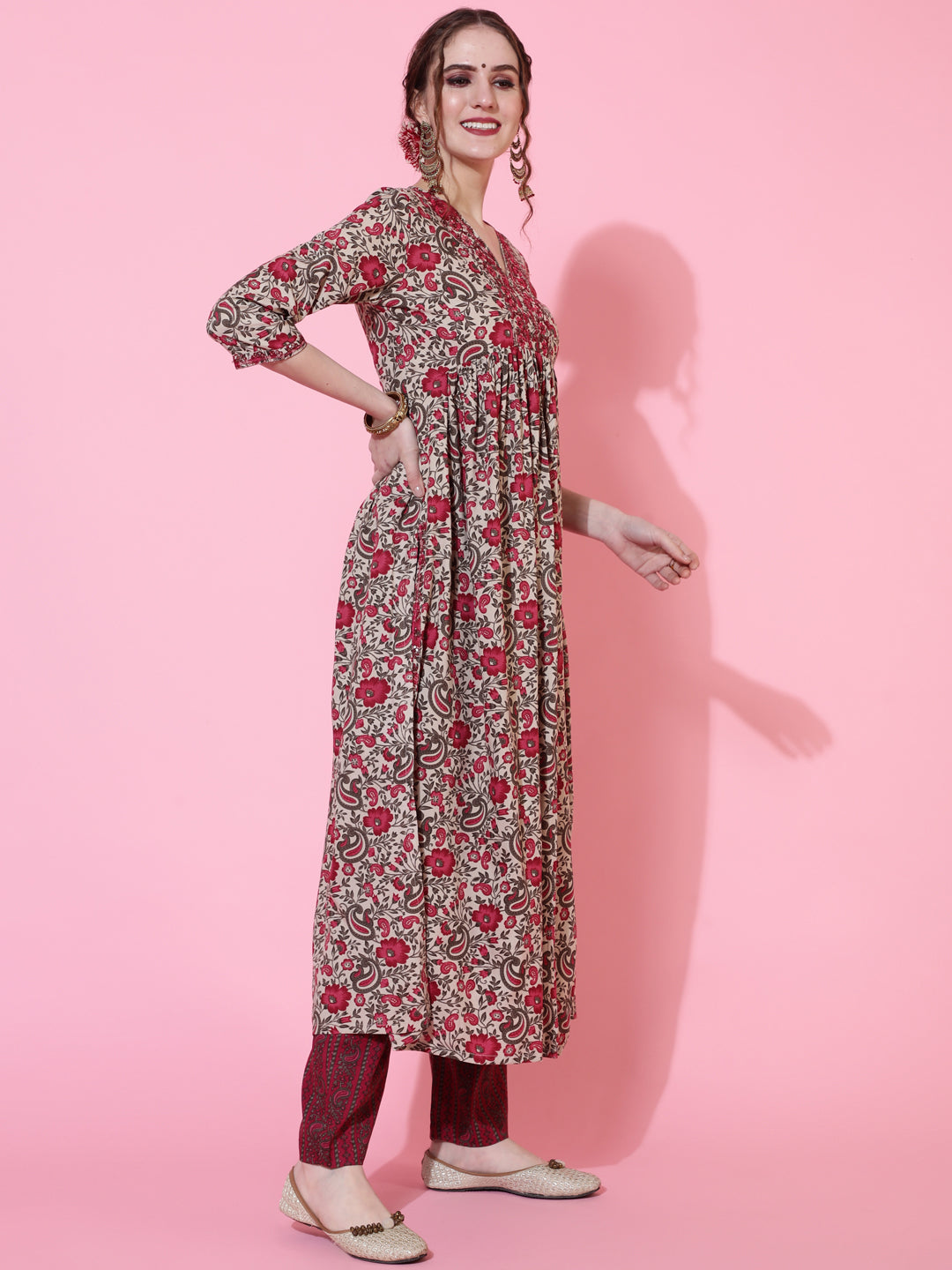 Rayon Printed Calf Length Semi-Flared 3/4 Sleeve V-neck Kurta Bottom Set