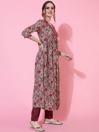 Rayon Printed Calf Length Semi-Flared 3/4 Sleeve V-neck Kurta Bottom Set