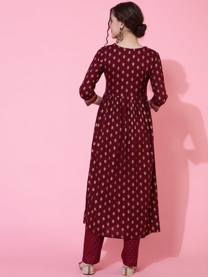 Rayon Printed Calf Length Semi-Flared 3/4 Sleeve Round Kurta Bottom Set