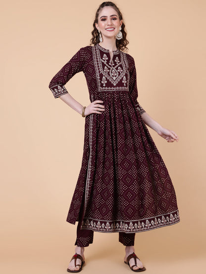 Rayon Calf Length Printed Semi-Flared 3/4  Sleeves Collar Kurta Bottom Set