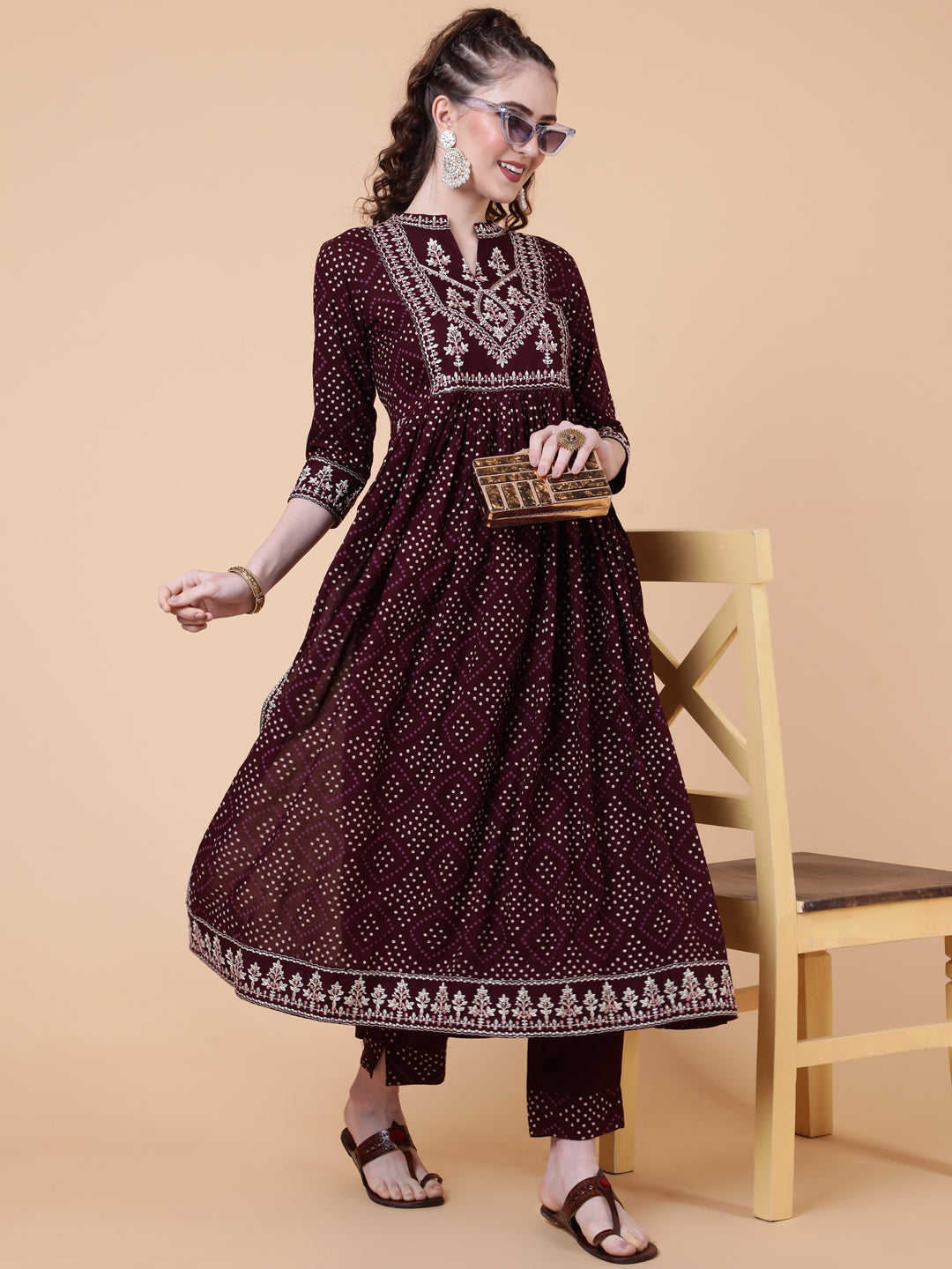Rayon Calf Length Printed Semi-Flared 3/4  Sleeves Collar Kurta Bottom Set