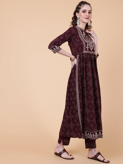 Rayon Calf Length Printed Semi-Flared 3/4  Sleeves Collar Kurta Bottom Set