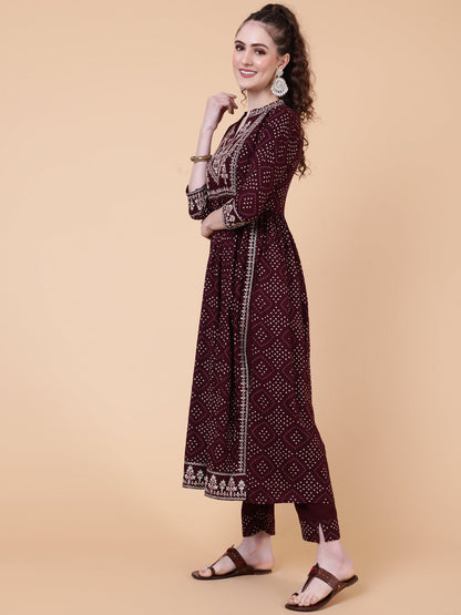 Rayon Calf Length Printed Semi-Flared 3/4  Sleeves Collar Kurta Bottom Set