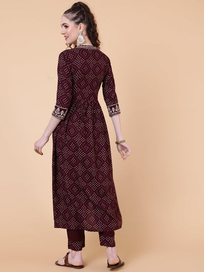 Rayon Calf Length Printed Semi-Flared 3/4  Sleeves Collar Kurta Bottom Set