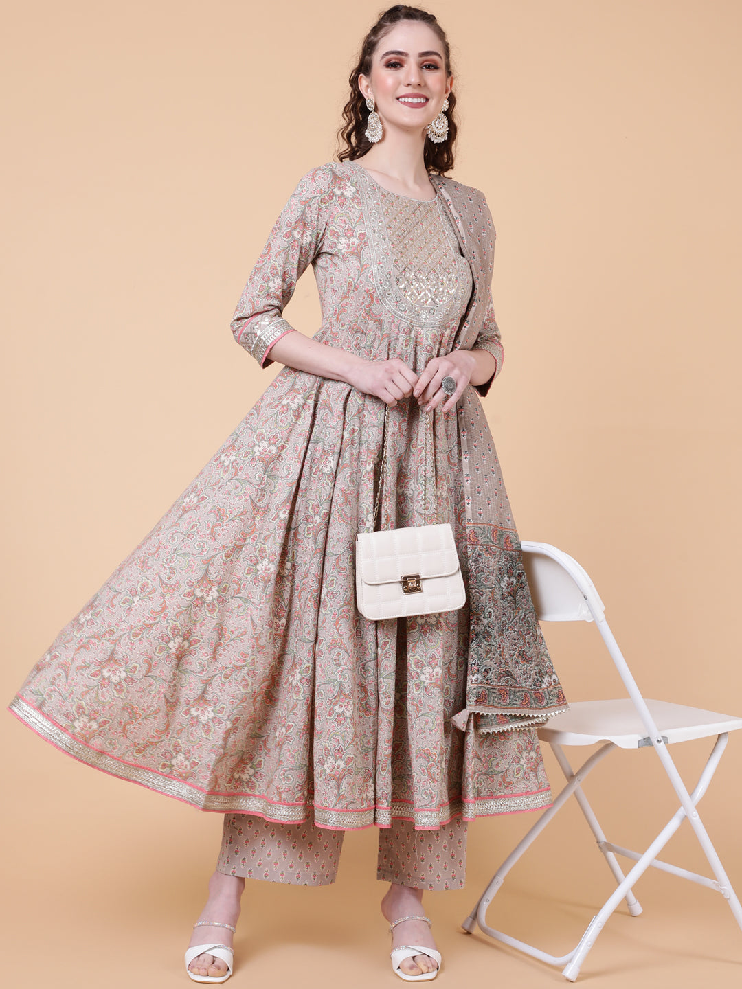 Cotton Calf Length Printed Flared 3/4  Sleeves Round Neck Kurta Bottom Dupatta Set