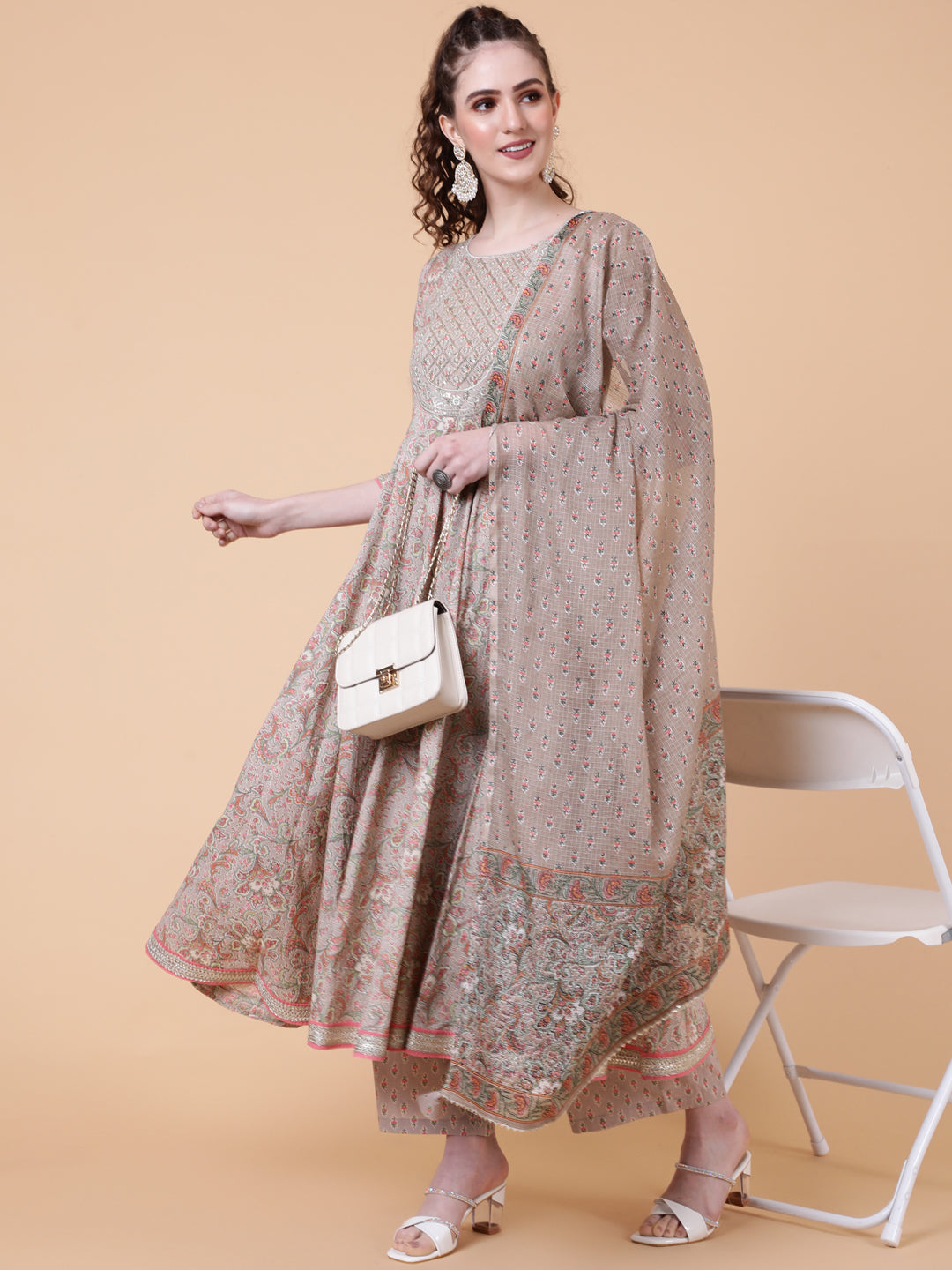 Cotton Calf Length Printed Flared 3/4  Sleeves Round Neck Kurta Bottom Dupatta Set