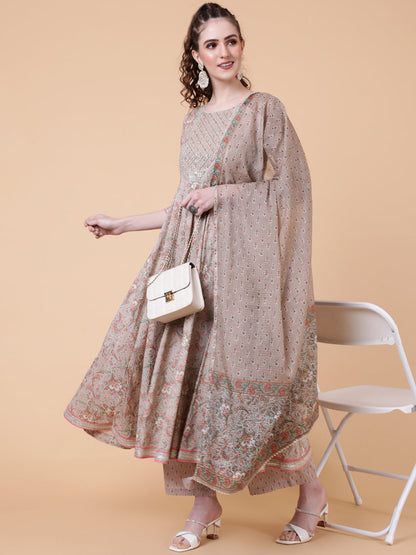 Cotton Calf Length Printed Flared 3/4  Sleeves Round Neck Kurta Bottom Dupatta Set