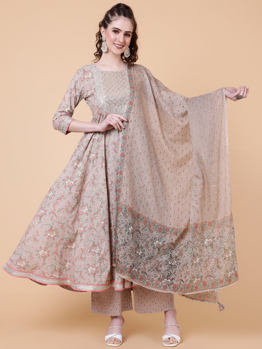 Cotton Calf Length Printed Flared 3/4  Sleeves Round Neck Kurta Bottom Dupatta Set