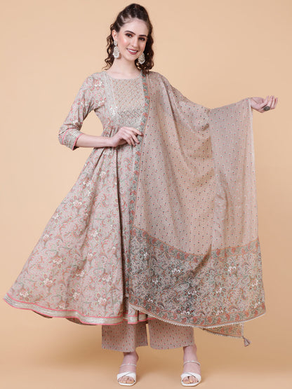 Cotton Calf Length Printed Flared 3/4  Sleeves Round Neck Kurta Bottom Dupatta Set