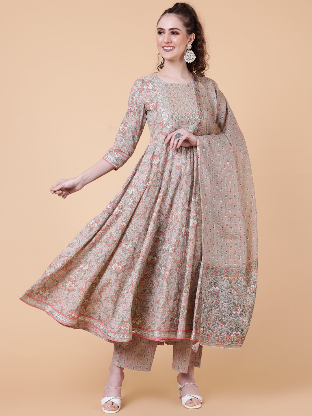 Cotton Calf Length Printed Flared 3/4  Sleeves Round Neck Kurta Bottom Dupatta Set