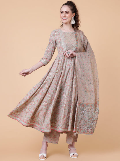 Cotton Calf Length Printed Flared 3/4  Sleeves Round Neck Kurta Bottom Dupatta Set