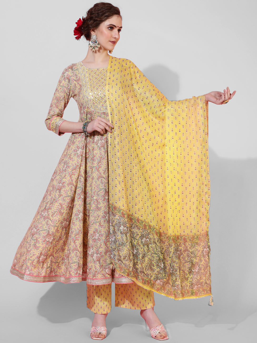 Cotton Calf Length Printed Flared 3/4  Sleeves Round Neck Kurta Bottom Dupatta Set