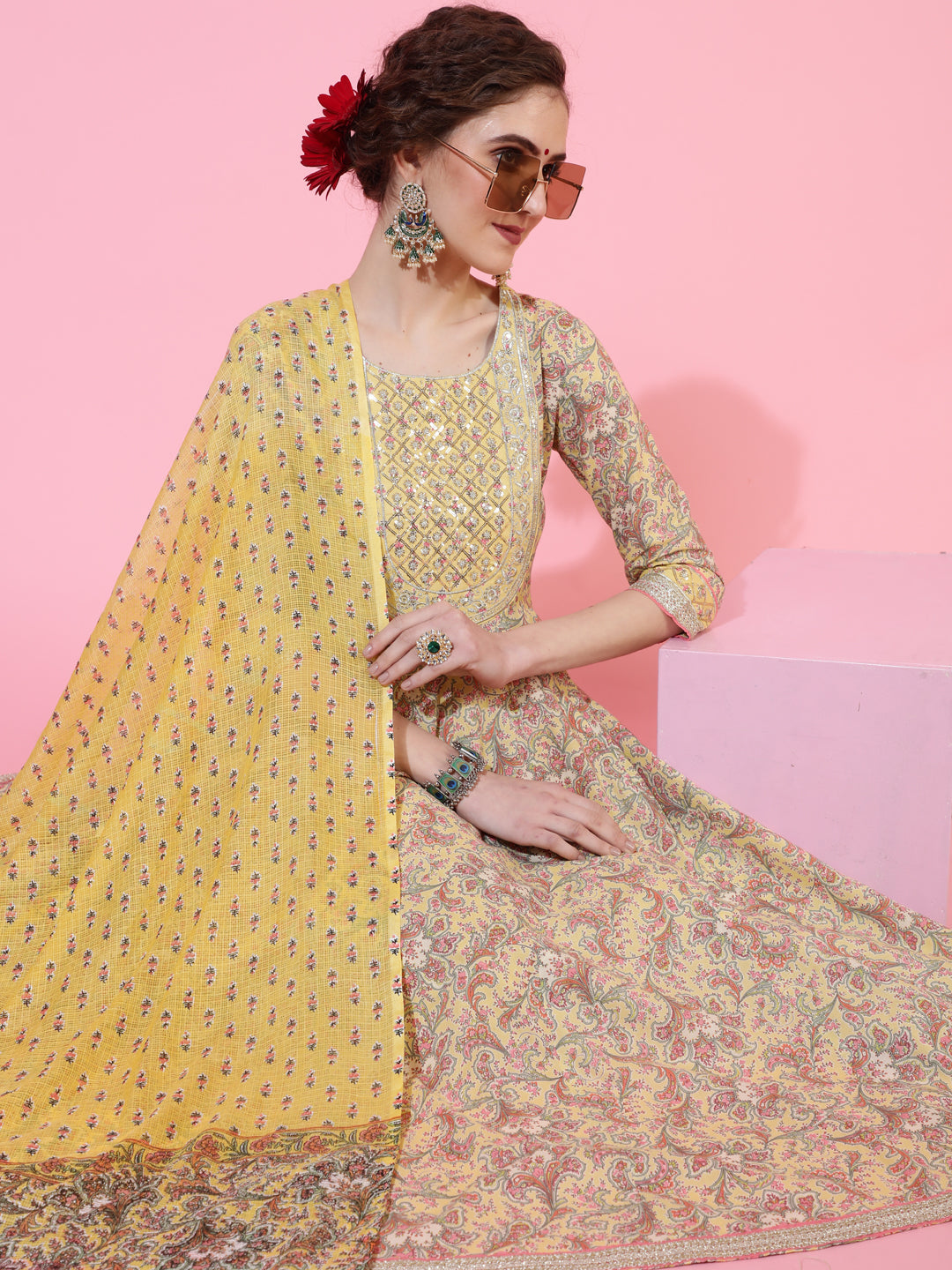 Cotton Calf Length Printed Flared 3/4  Sleeves Round Neck Kurta Bottom Dupatta Set