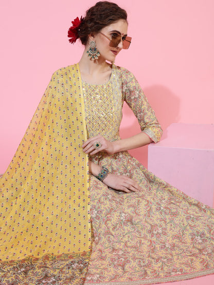 Cotton Calf Length Printed Flared 3/4  Sleeves Round Neck Kurta Bottom Dupatta Set